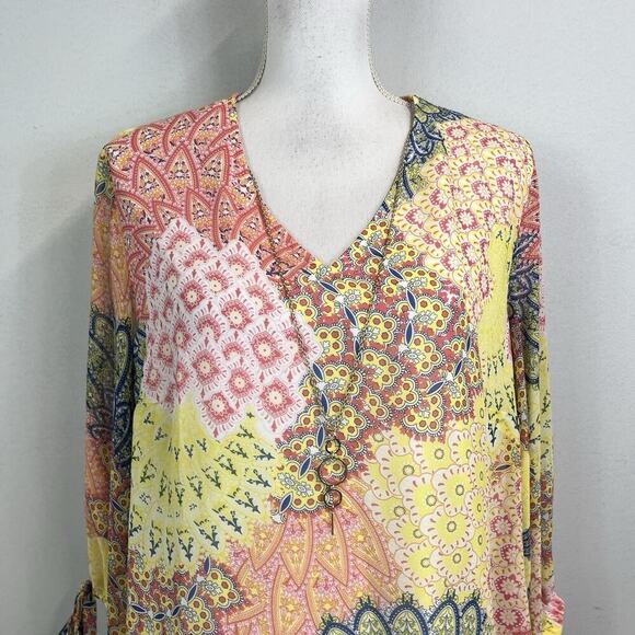 JM Collection Blouse Tunic size Large Pink Yellow Paisley Sheer Necklace Peasant - Picture 2 of 8